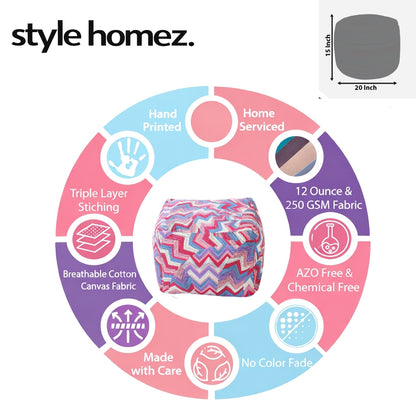 Style Homez Square Ottoman, Cotton Canvas Geometric Printed Bean Bag Ottoman Stool Large Size Filled with Beans, Multi Color