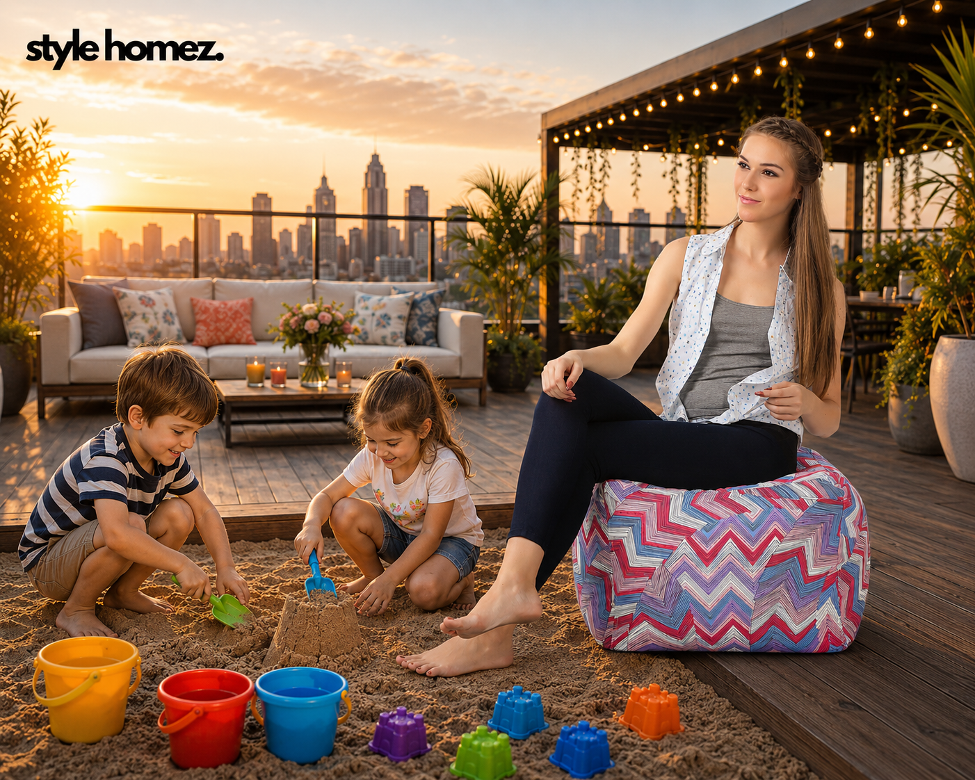 Style Homez Square Ottoman, Cotton Canvas Geometric Printed Bean Bag Ottoman Stool Large Size Filled with Beans, Multi Color