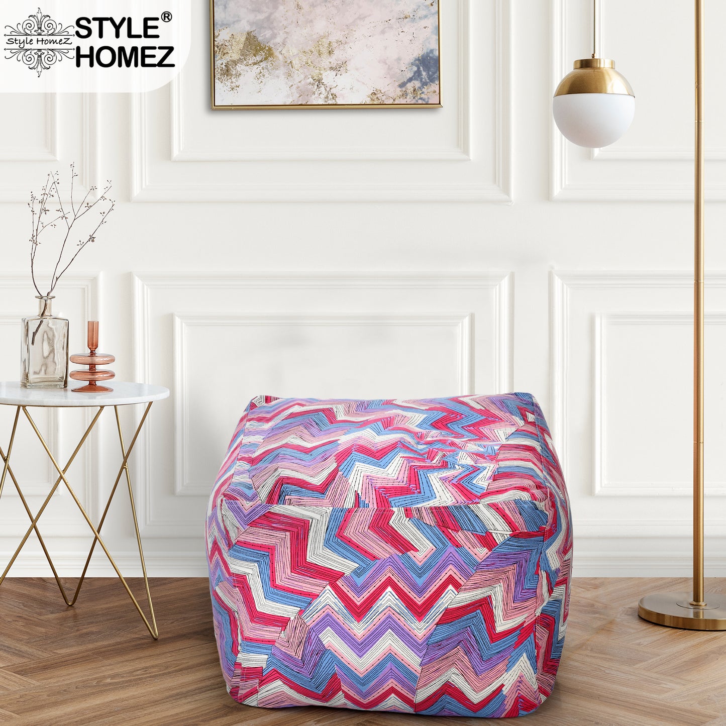 Style Homez Square Ottoman, Cotton Canvas Geometric Printed Bean Bag Ottoman Stool Large Size Filled with Beans, Multi Color