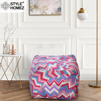 Style Homez Square Ottoman, Cotton Canvas Geometric Printed Bean Bag Ottoman Stool Large Size Filled with Beans, Multi Color