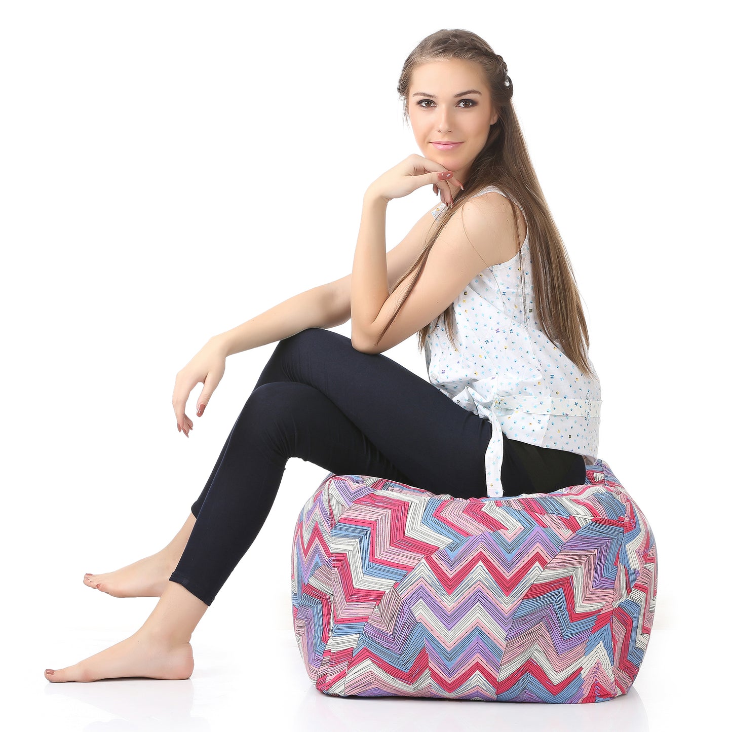 Style Homez Square Ottoman, Cotton Canvas Geometric Printed Bean Bag Ottoman Stool Large Size Filled with Beans, Multi Color