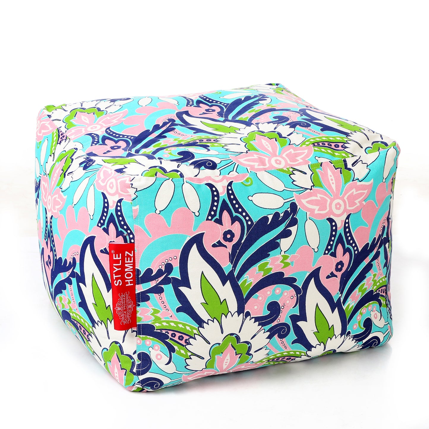Style Homez Square Ottoman, Cotton Canvas Floral Printed Bean Bag Ottoman Stool Large Size Filled with Beans, Multi Color