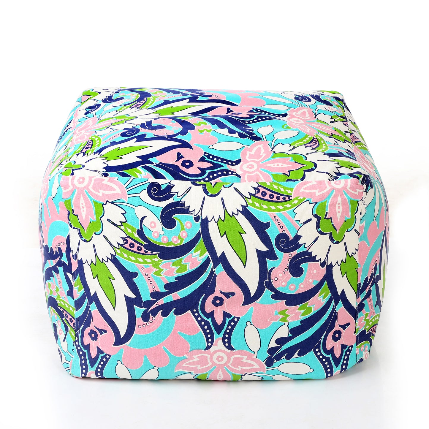 Style Homez Square Ottoman, Cotton Canvas Floral Printed Bean Bag Ottoman Stool Large Size Filled with Beans, Multi Color