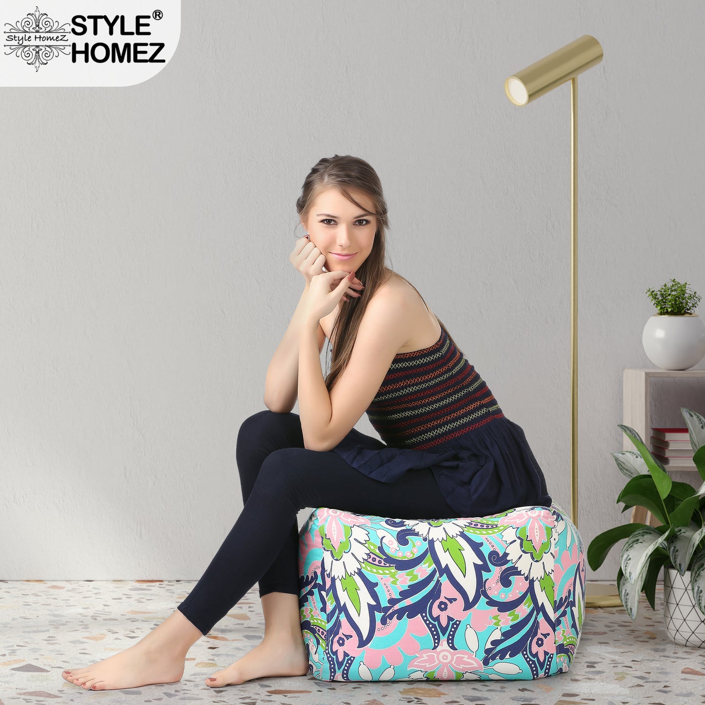 Style Homez Square Ottoman, Cotton Canvas Floral Printed Bean Bag Ottoman Stool Large Size Filled with Beans, Multi Color