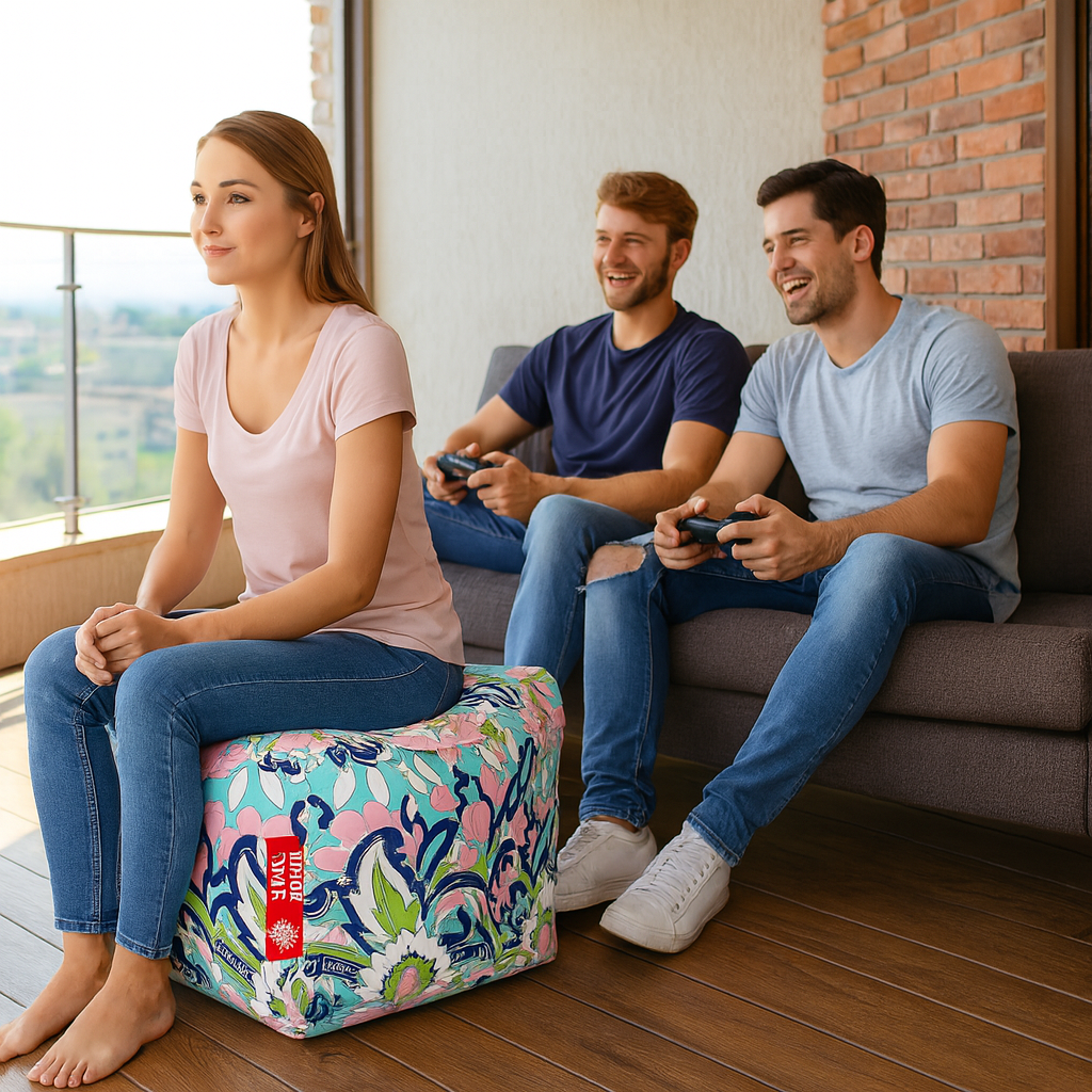 Style Homez Square Ottoman, Cotton Canvas Floral Printed Bean Bag Ottoman Stool Large Size Filled with Beans, Multi Color