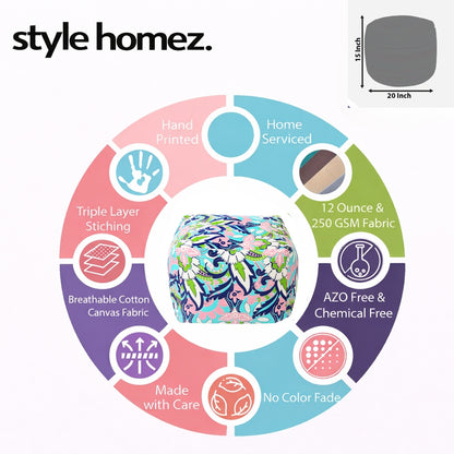 Style Homez Square Ottoman, Cotton Canvas Floral Printed Bean Bag Ottoman Stool Large Size Filled with Beans, Multi Color