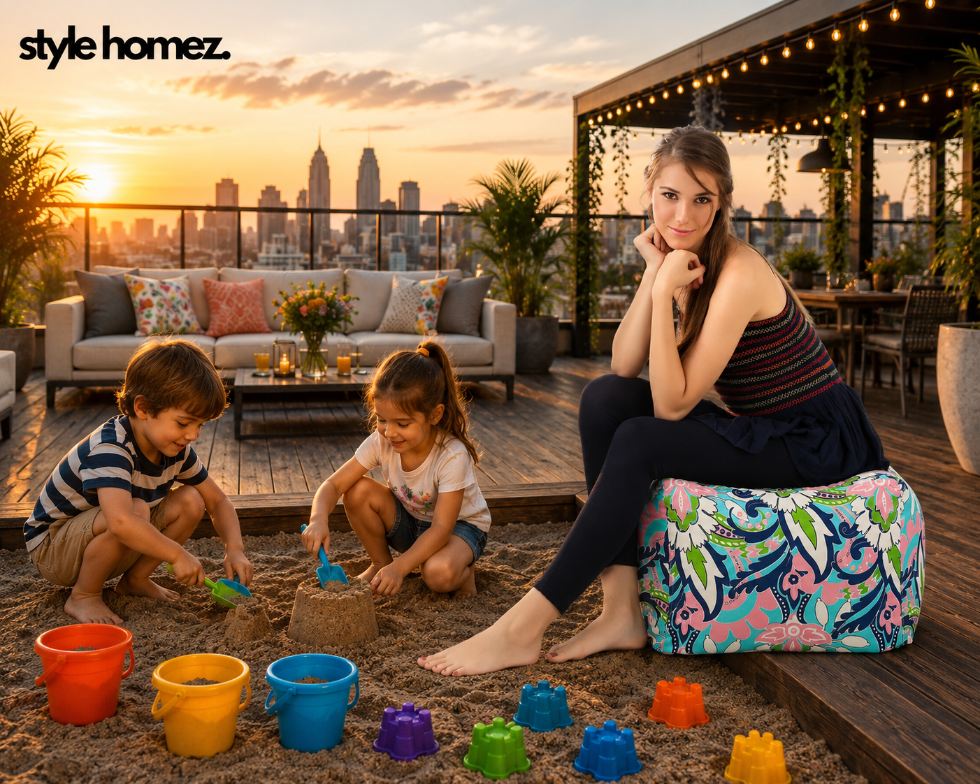 Style Homez Square Ottoman, Cotton Canvas Floral Printed Bean Bag Ottoman Stool Large Size Filled with Beans, Multi Color