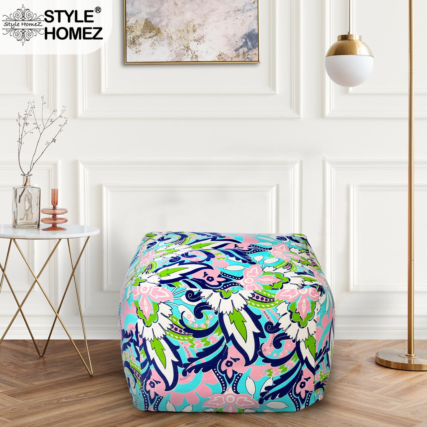 Style Homez Square Ottoman, Cotton Canvas Floral Printed Bean Bag Ottoman Stool Large Size Filled with Beans, Multi Color