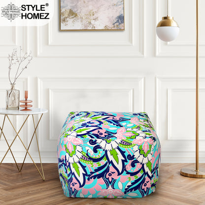 Style Homez Square Ottoman, Cotton Canvas Floral Printed Bean Bag Ottoman Stool Large Size Filled with Beans, Multi Color