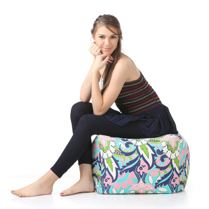 Style Homez Square Ottoman, Cotton Canvas Floral Printed Bean Bag Ottoman Stool Large Size Filled with Beans, Multi Color