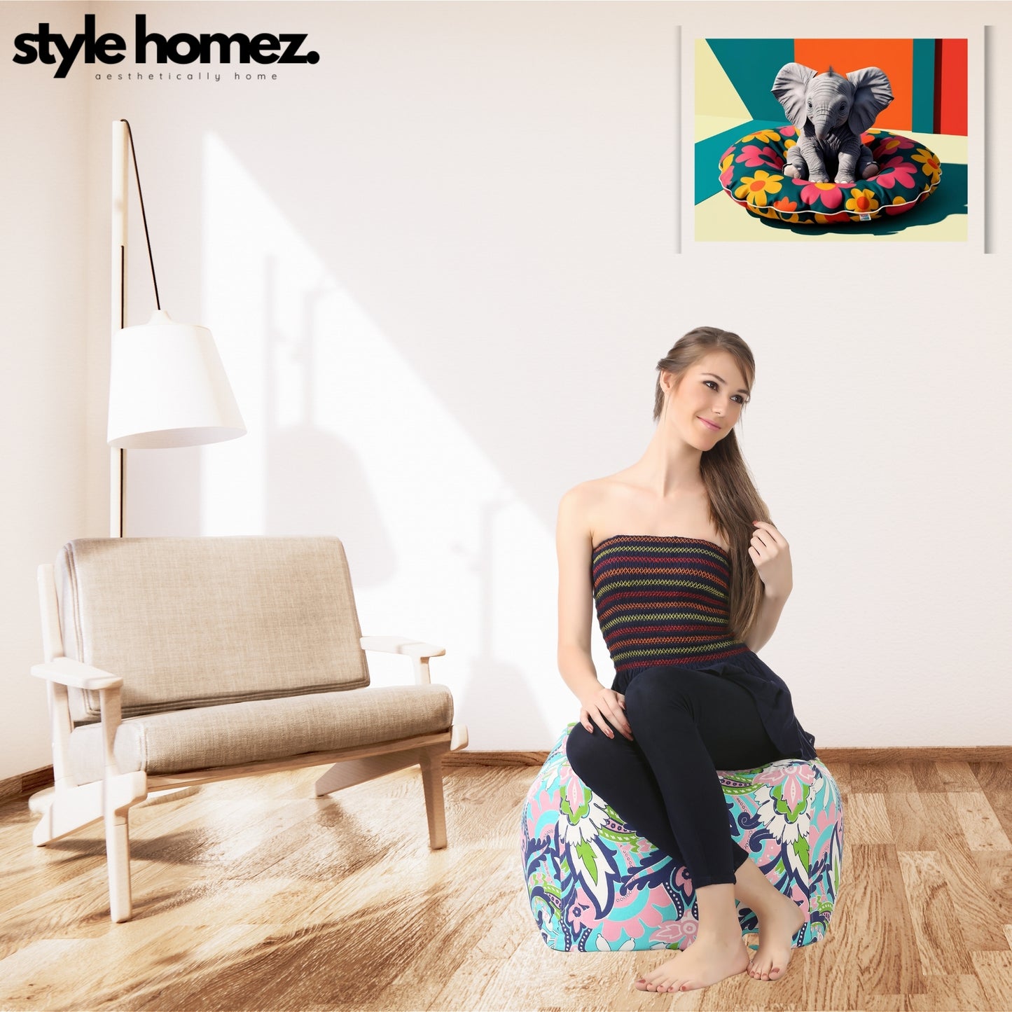 Style Homez Square Ottoman, Cotton Canvas Floral Printed Bean Bag Ottoman Stool Large Size Filled with Beans, Multi Color