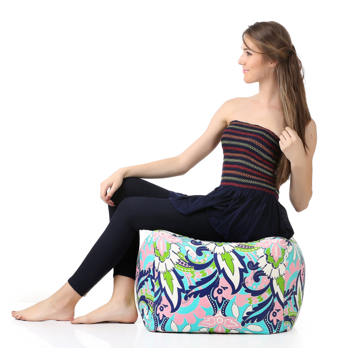 Style Homez Square Ottoman, Cotton Canvas Floral Printed Bean Bag Ottoman Stool Large Size Filled with Beans, Multi Color