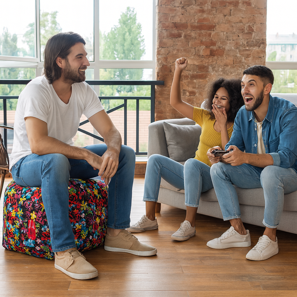 Style Homez Square Ottoman, Cotton Canvas Floral Printed Bean Bag Ottoman Stool Large Size Filled with Beans, Multi Color
