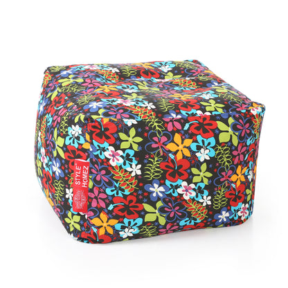 Style Homez Square Ottoman, Cotton Canvas Floral Printed Bean Bag Ottoman Stool Large Size Filled with Beans, Multi Color
