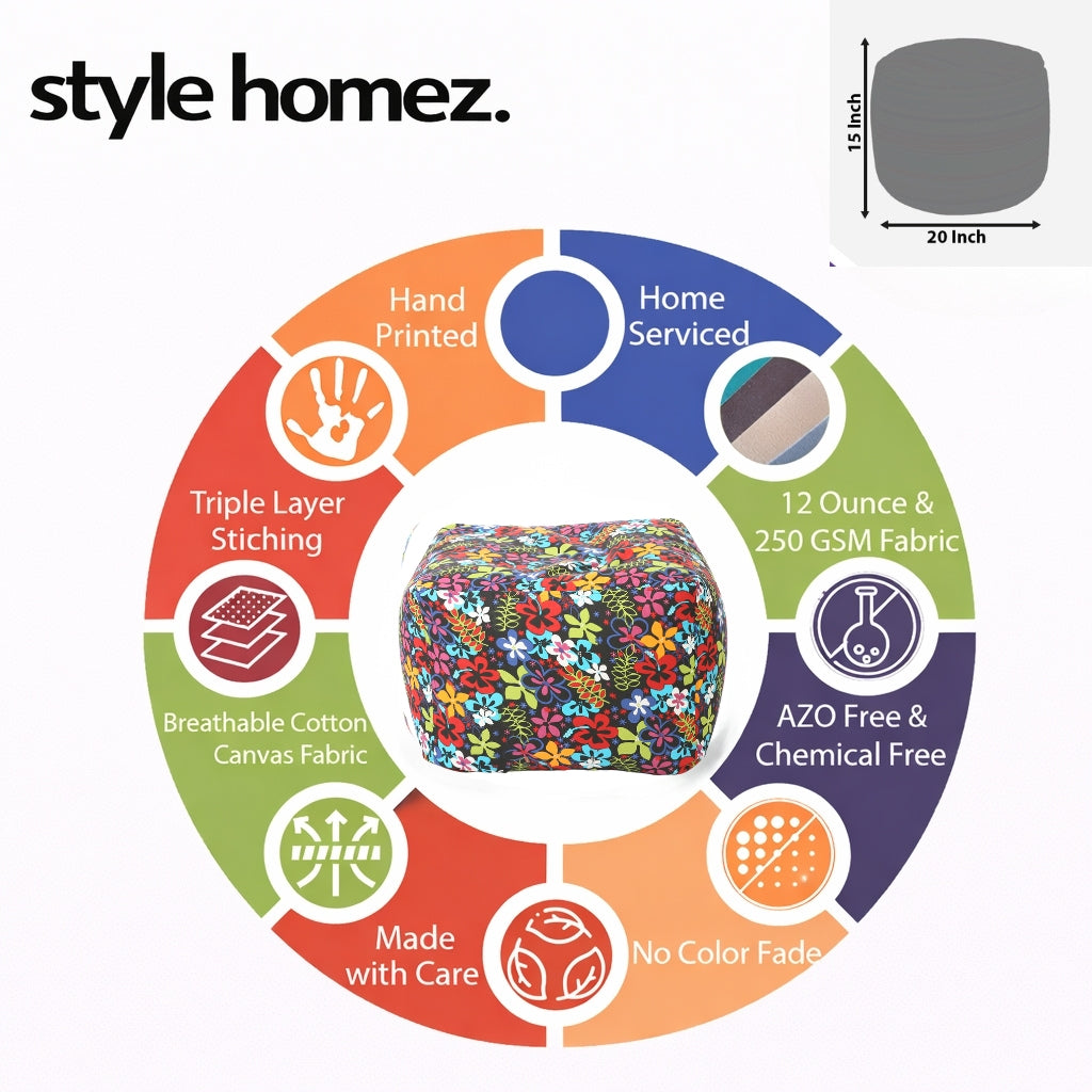 Style Homez Square Ottoman, Cotton Canvas Floral Printed Bean Bag Ottoman Stool Large Size Filled with Beans, Multi Color