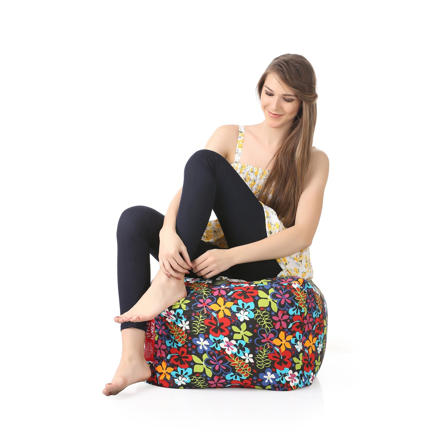 Style Homez Square Ottoman, Cotton Canvas Floral Printed Bean Bag Ottoman Stool Large Size Filled with Beans, Multi Color