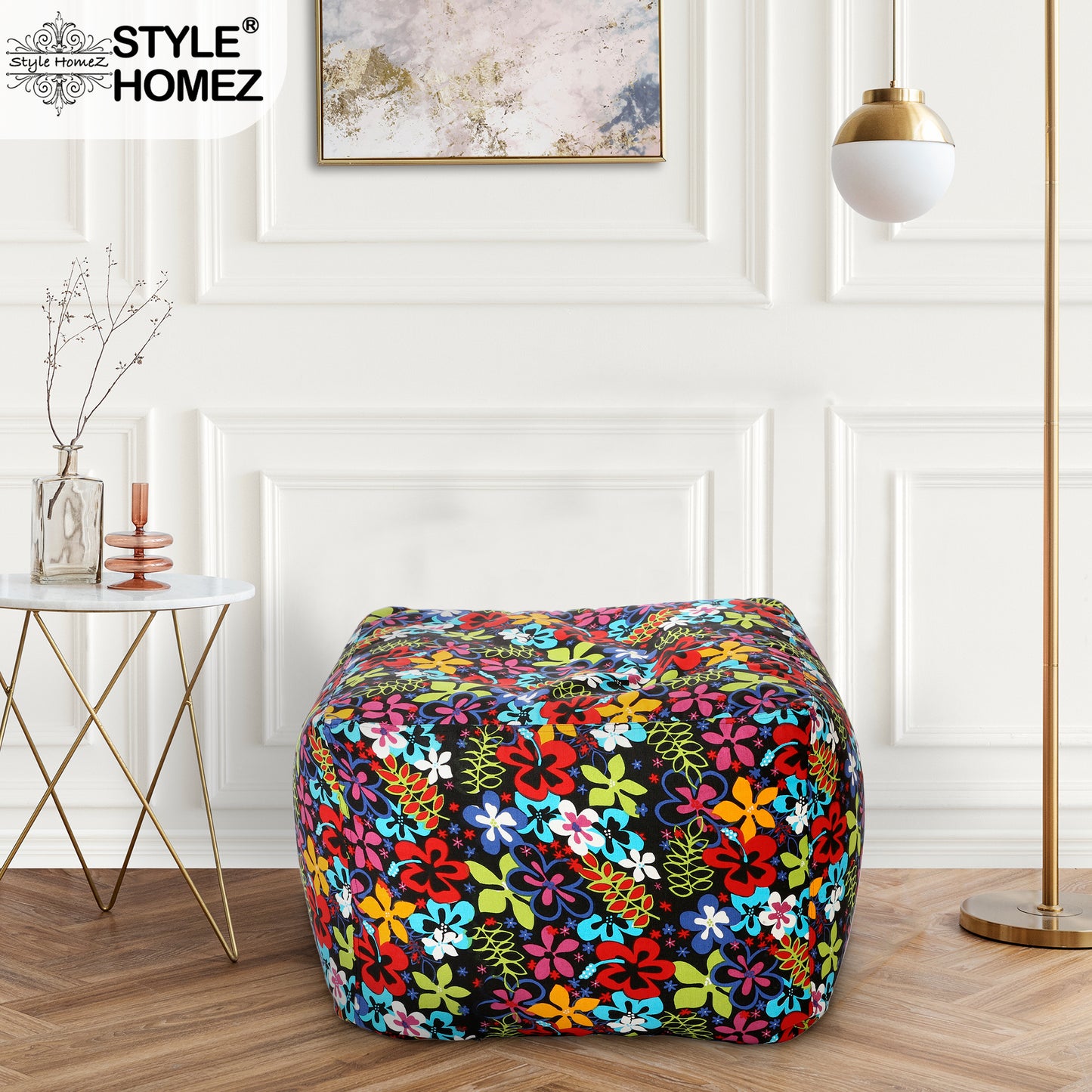 Style Homez Square Ottoman, Cotton Canvas Floral Printed Bean Bag Ottoman Stool Large Size Filled with Beans, Multi Color