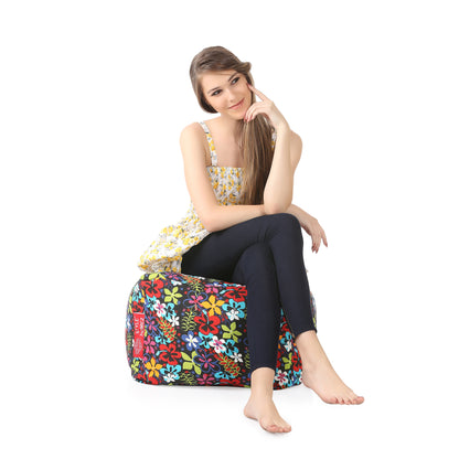 Style Homez Square Ottoman, Cotton Canvas Floral Printed Bean Bag Ottoman Stool Large Size Filled with Beans, Multi Color