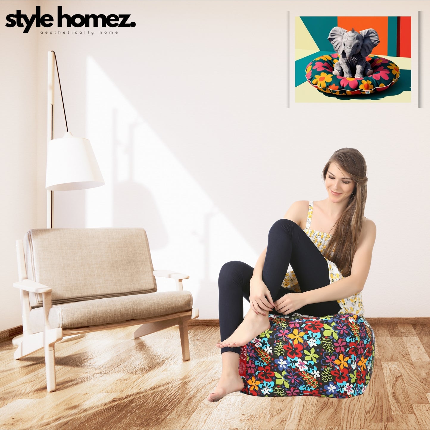 Style Homez Square Ottoman, Cotton Canvas Floral Printed Bean Bag Ottoman Stool Large Size Filled with Beans, Multi Color