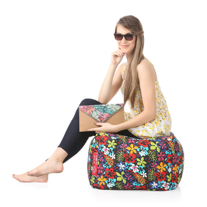 Style Homez Square Ottoman, Cotton Canvas Floral Printed Bean Bag Ottoman Stool Large Size Filled with Beans, Multi Color