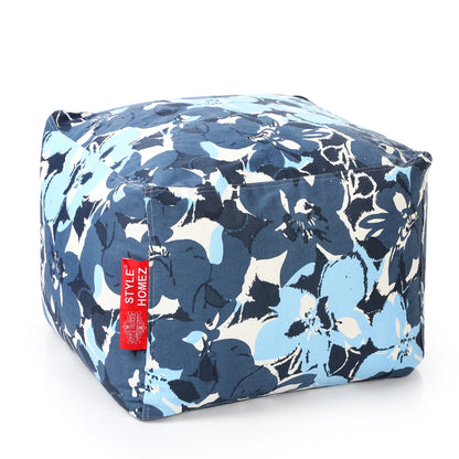 Style Homez Square Ottoman, Cotton Canvas Floral Printed Bean Bag Ottoman Stool Large Size Filled with Beans, Blue Colro