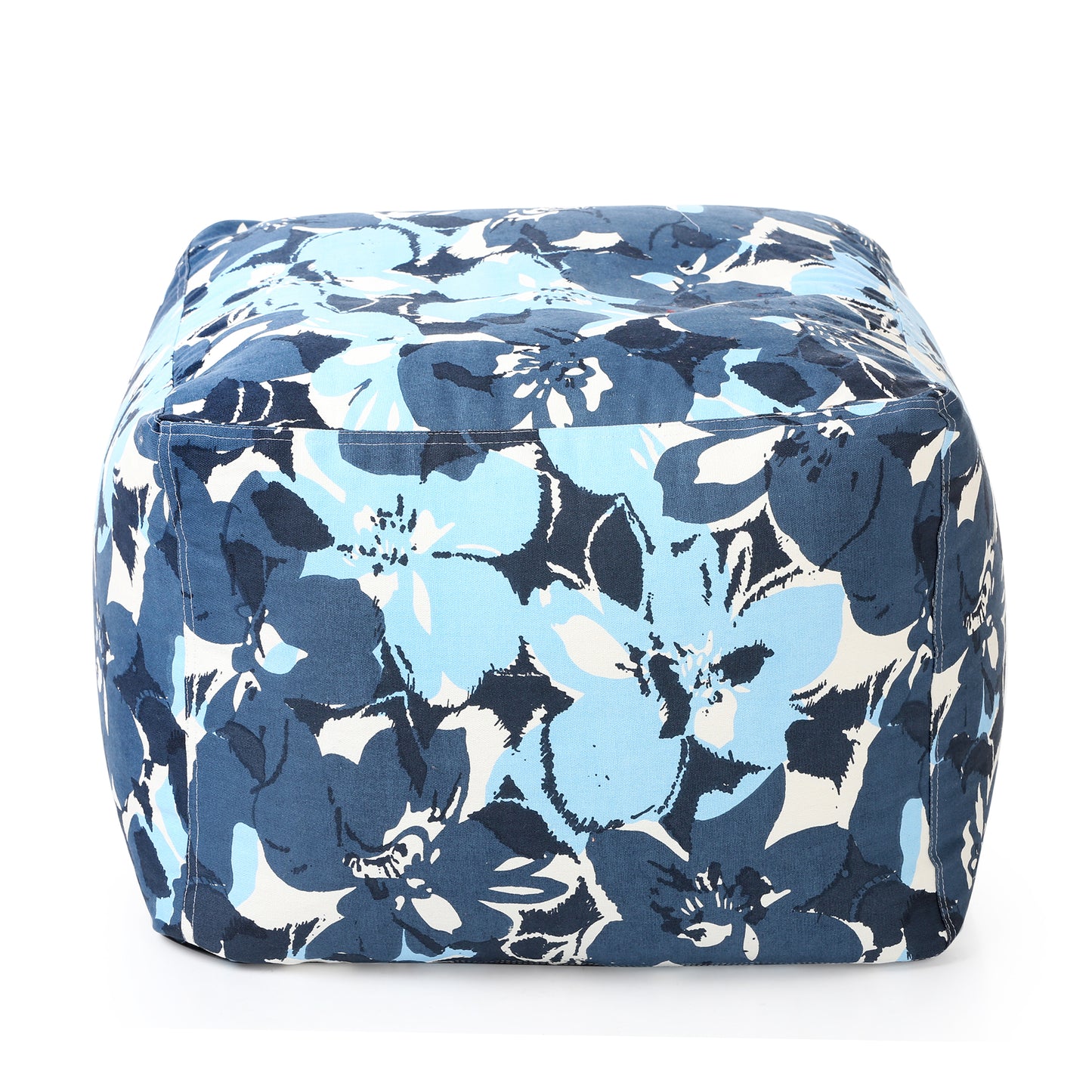 Style Homez Square Ottoman, Cotton Canvas Floral Printed Bean Bag Ottoman Stool Large Size Filled with Beans, Blue Colro