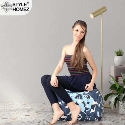 Style Homez Square Ottoman, Cotton Canvas Floral Printed Bean Bag Ottoman Stool Large Size Filled with Beans, Blue Colro