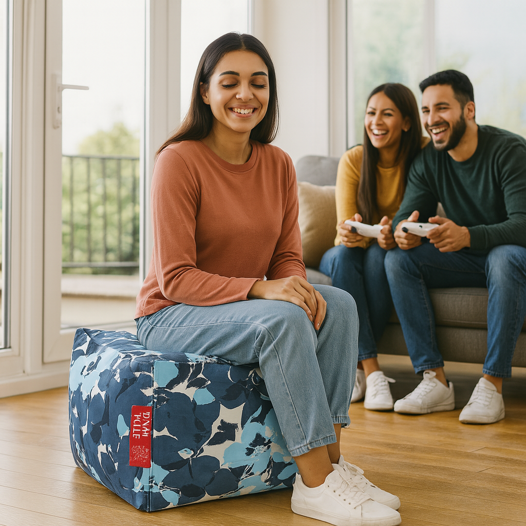 Style Homez Square Ottoman, Cotton Canvas Floral Printed Bean Bag Ottoman Stool Large Size Filled with Beans, Blue Colro