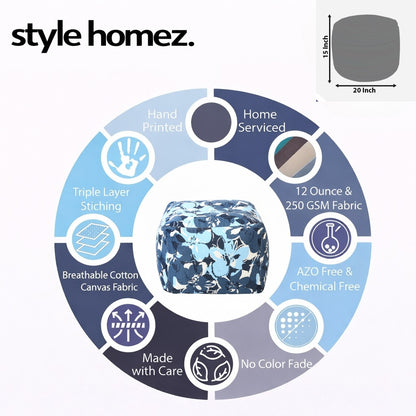 Style Homez Square Ottoman, Cotton Canvas Floral Printed Bean Bag Ottoman Stool Large Size Filled with Beans, Blue Colro