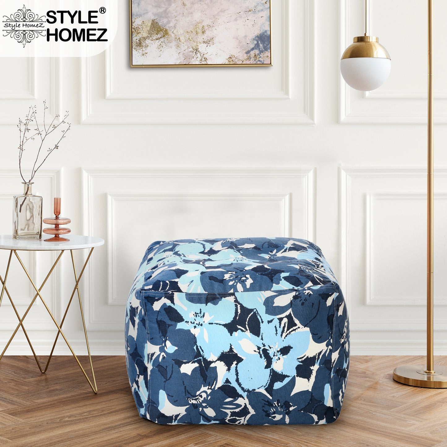 Style Homez Square Ottoman, Cotton Canvas Floral Printed Bean Bag Ottoman Stool Large Size Filled with Beans, Blue Colro