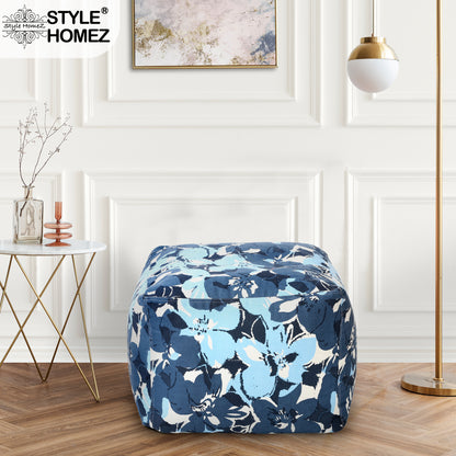 Style Homez Square Ottoman, Cotton Canvas Floral Printed Bean Bag Ottoman Stool Large Size Filled with Beans, Blue Colro