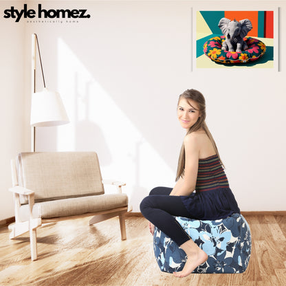 Style Homez Square Ottoman, Cotton Canvas Floral Printed Bean Bag Ottoman Stool Large Size Filled with Beans, Blue Colro