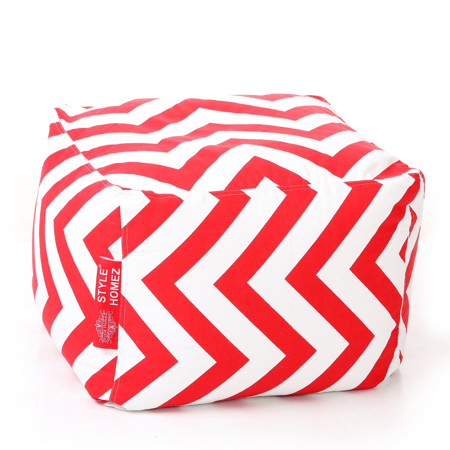 Style Homez Square Ottoman, Cotton Canvas Stripes Printed Bean Bag Ottoman Stool Large Size Filled with Beans, Red Color