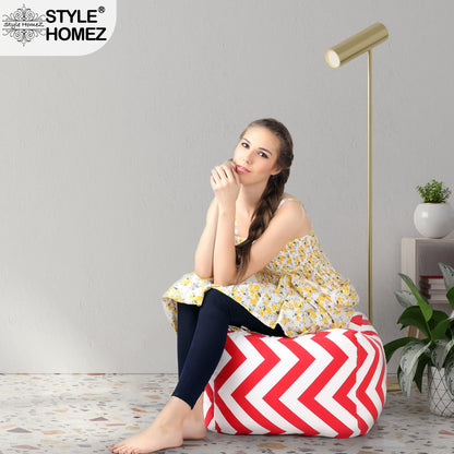 Style Homez Square Ottoman, Cotton Canvas Stripes Printed Bean Bag Ottoman Stool Large Size Filled with Beans, Red Color