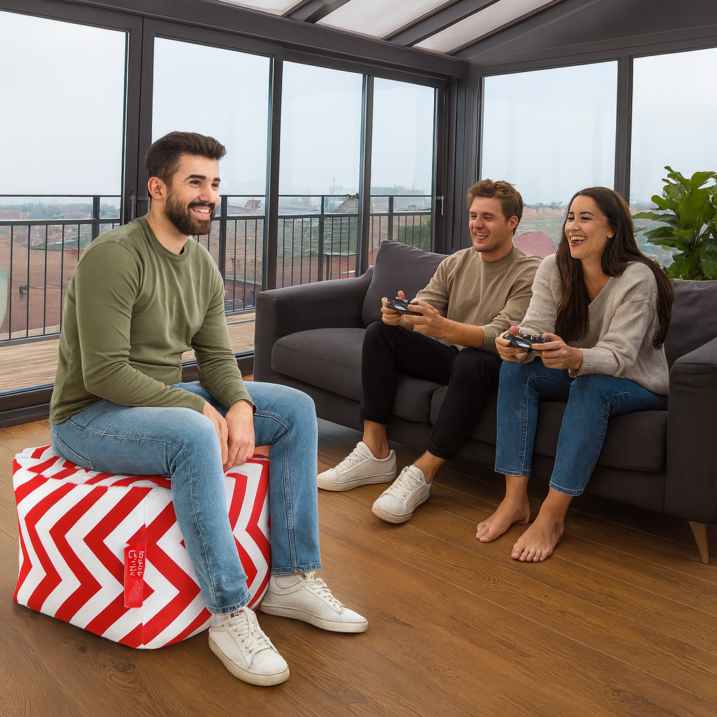 Style Homez Square Ottoman, Cotton Canvas Stripes Printed Bean Bag Ottoman Stool Large Size Filled with Beans, Red Color