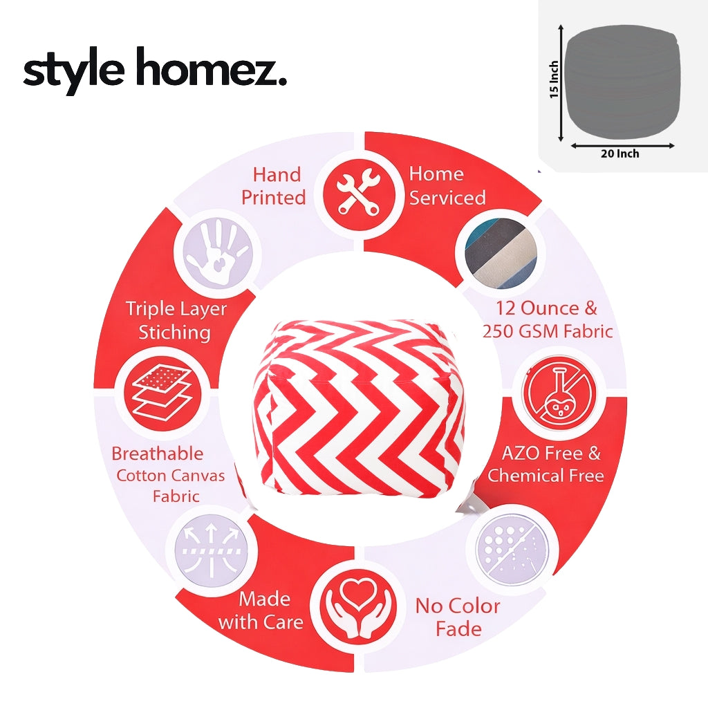 Style Homez Square Ottoman, Cotton Canvas Stripes Printed Bean Bag Ottoman Stool Large Size Filled with Beans, Red Color
