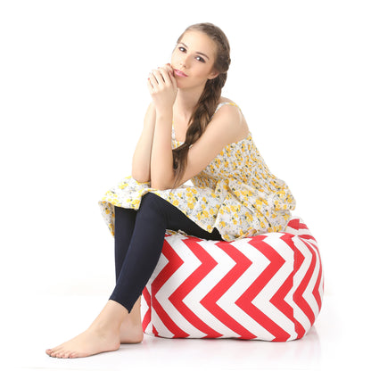 Style Homez Square Ottoman, Cotton Canvas Stripes Printed Bean Bag Ottoman Stool Large Size Filled with Beans, Red Color