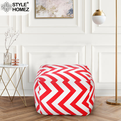 Style Homez Square Ottoman, Cotton Canvas Stripes Printed Bean Bag Ottoman Stool Large Size Filled with Beans, Red Color