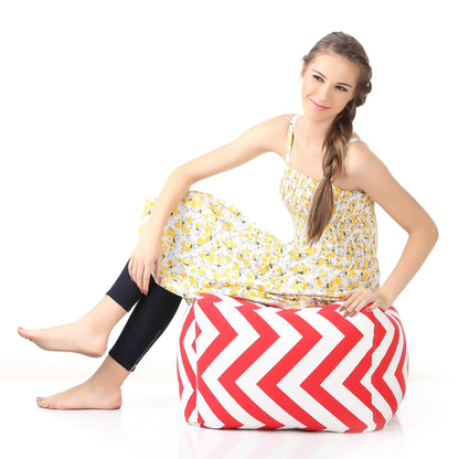 Style Homez Square Ottoman, Cotton Canvas Stripes Printed Bean Bag Ottoman Stool Large Size Filled with Beans, Red Color
