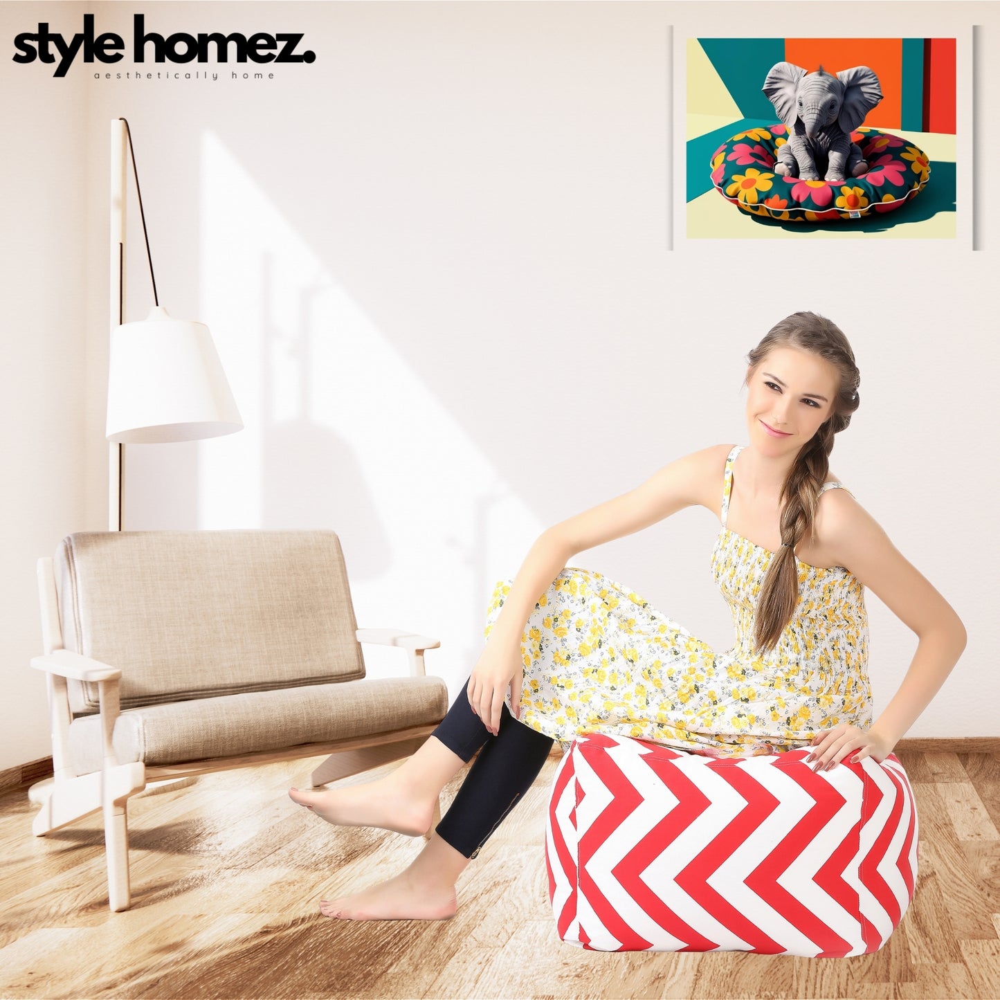 Style Homez Square Ottoman, Cotton Canvas Stripes Printed Bean Bag Ottoman Stool Large Size Filled with Beans, Red Color