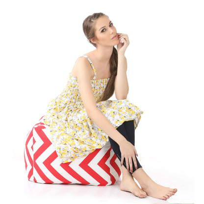 Style Homez Square Ottoman, Cotton Canvas Stripes Printed Bean Bag Ottoman Stool Large Size Filled with Beans, Red Color