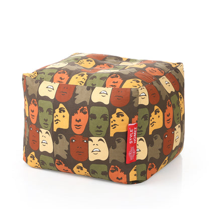 Style Homez Square Ottoman, Cotton Canvas Abstract Printed Bean Bag Ottoman Stool Large Size Filled with Beans, Multi Color