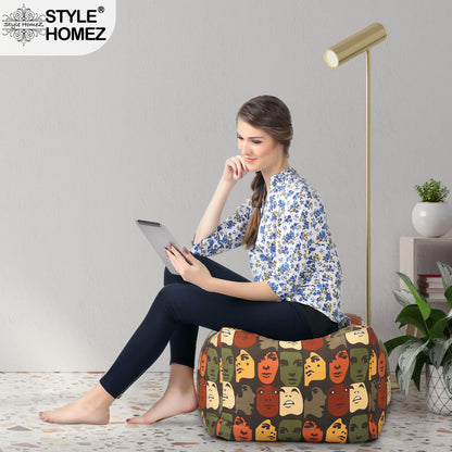 Style Homez Square Ottoman, Cotton Canvas Abstract Printed Bean Bag Ottoman Stool Large Size Filled with Beans, Multi Color