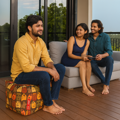 Style Homez Square Ottoman, Cotton Canvas Abstract Printed Bean Bag Ottoman Stool Large Size Filled with Beans, Multi Color