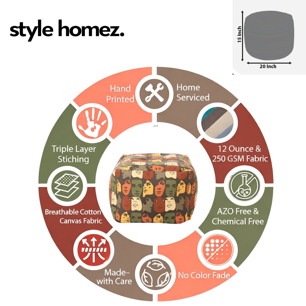 Style Homez Square Ottoman, Cotton Canvas Abstract Printed Bean Bag Ottoman Stool Large Size Filled with Beans, Multi Color