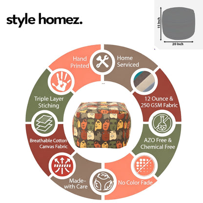 Style Homez Square Ottoman, Cotton Canvas Abstract Printed Bean Bag Ottoman Stool Large Size Filled with Beans, Multi Color