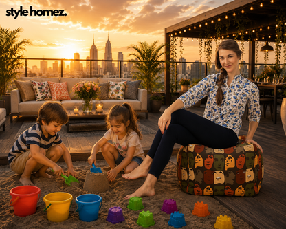 Style Homez Square Ottoman, Cotton Canvas Abstract Printed Bean Bag Ottoman Stool Large Size Filled with Beans, Multi Color