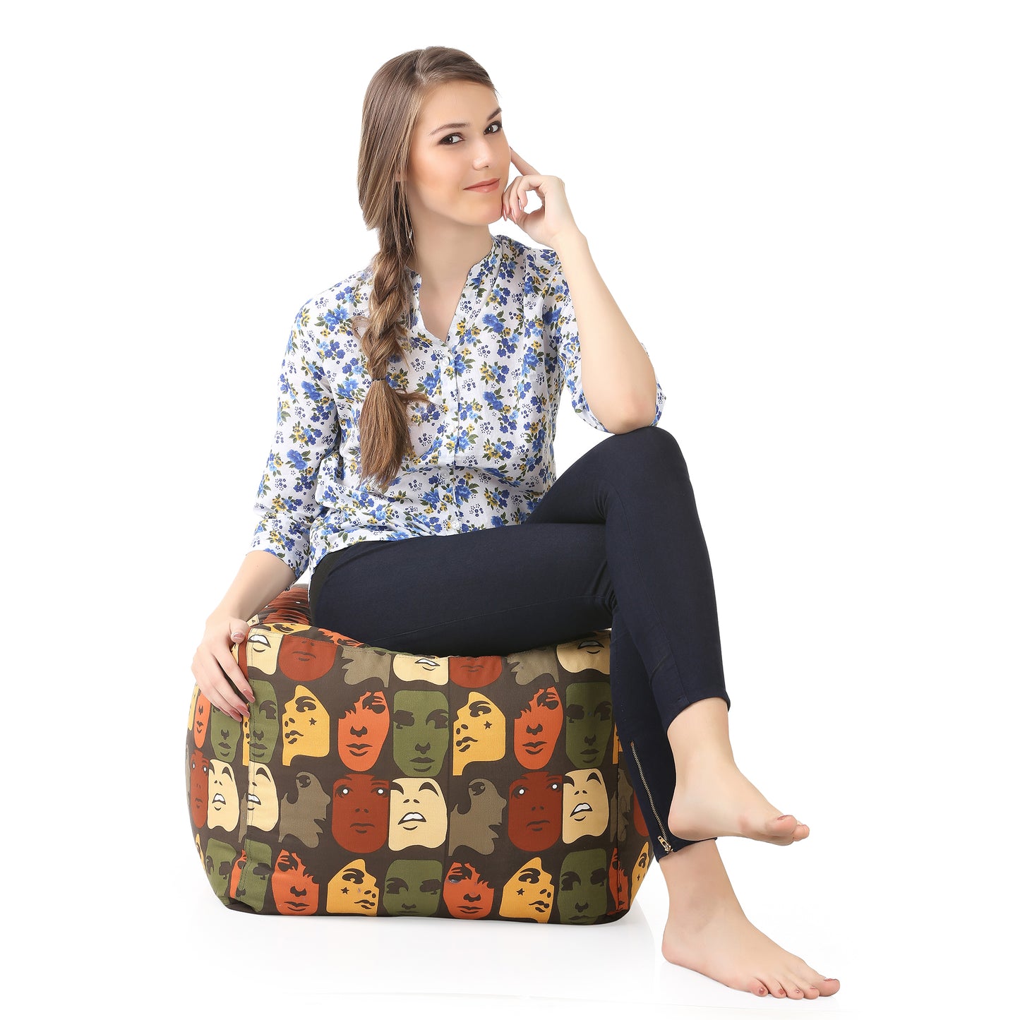 Style Homez Square Ottoman, Cotton Canvas Abstract Printed Bean Bag Ottoman Stool Large Size Filled with Beans, Multi Color