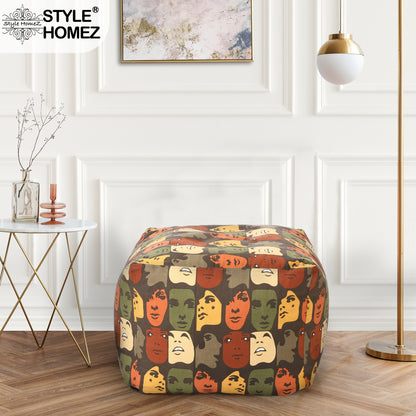 Style Homez Square Ottoman, Cotton Canvas Abstract Printed Bean Bag Ottoman Stool Large Size Filled with Beans, Multi Color