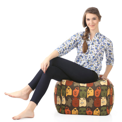 Style Homez Square Ottoman, Cotton Canvas Abstract Printed Bean Bag Ottoman Stool Large Size Filled with Beans, Multi Color